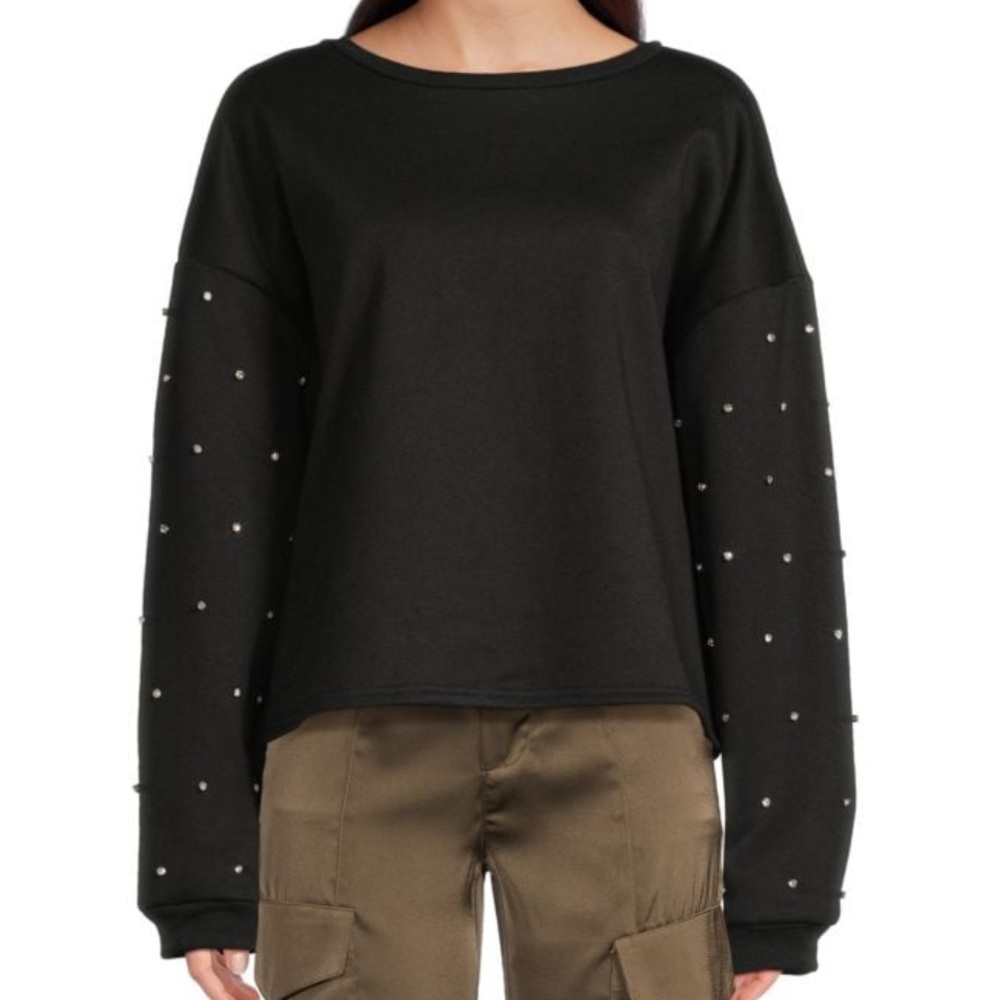 Lea & Viola Black Sweater with Embellished Crystal Diamond Details